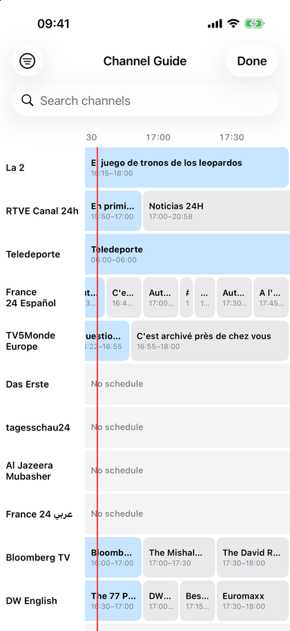 Easy IPTV on iPhone showing the touch programme guide