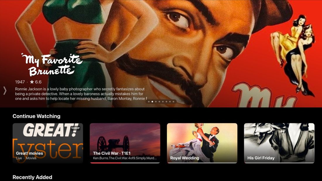Easy IPTV on Apple TV showing films and Continue Watching