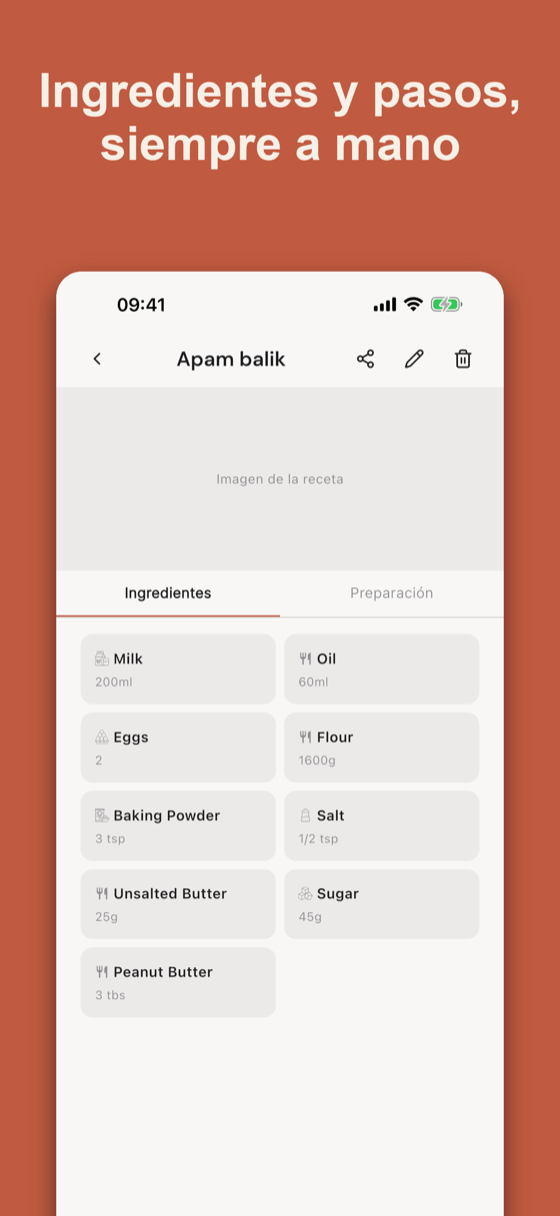 Recipe detail with ingredients and steps